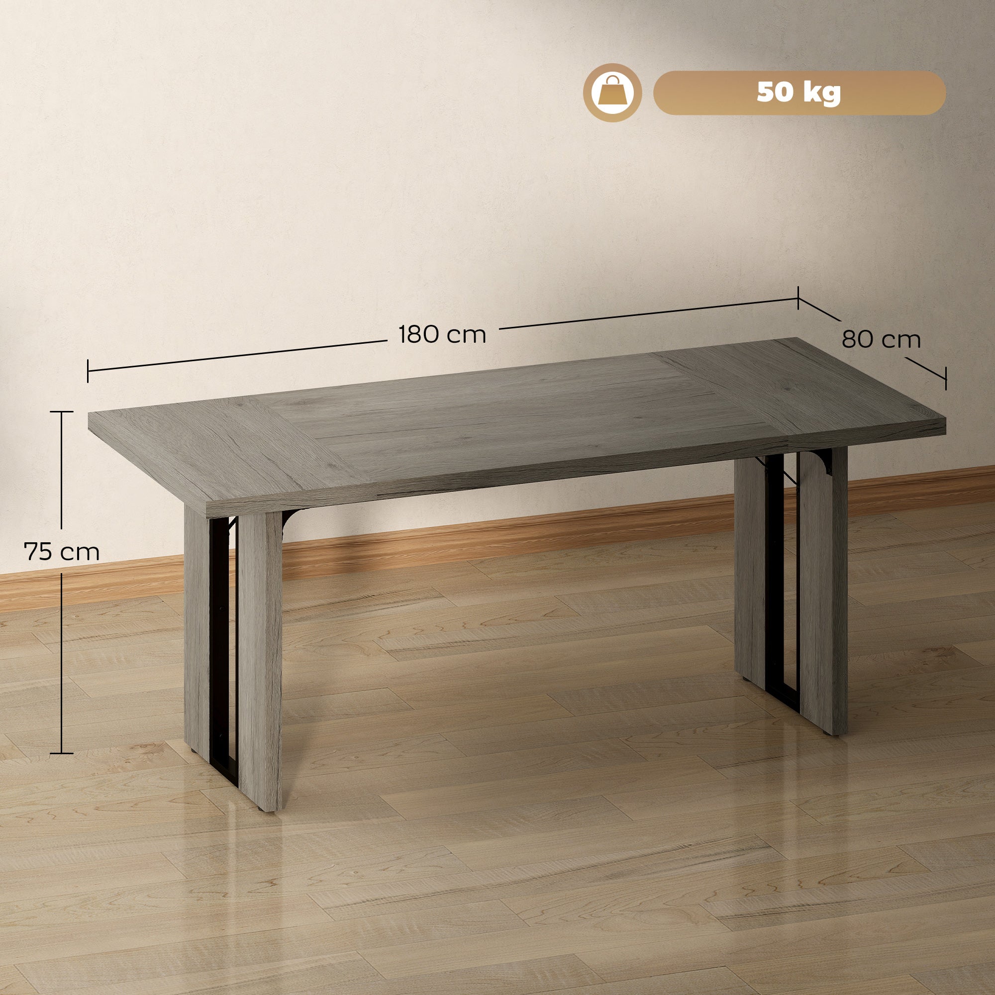 Industrial Style Dining Table for 8 People Max, in Wood and Steel, 180x80x75 cm, Grey