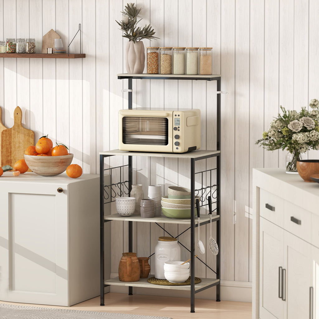4-Tier Kitchen Shelf with Mesh Panels and 8 Hooks, Industrial Style, 60x42x134.5 cm, Oak