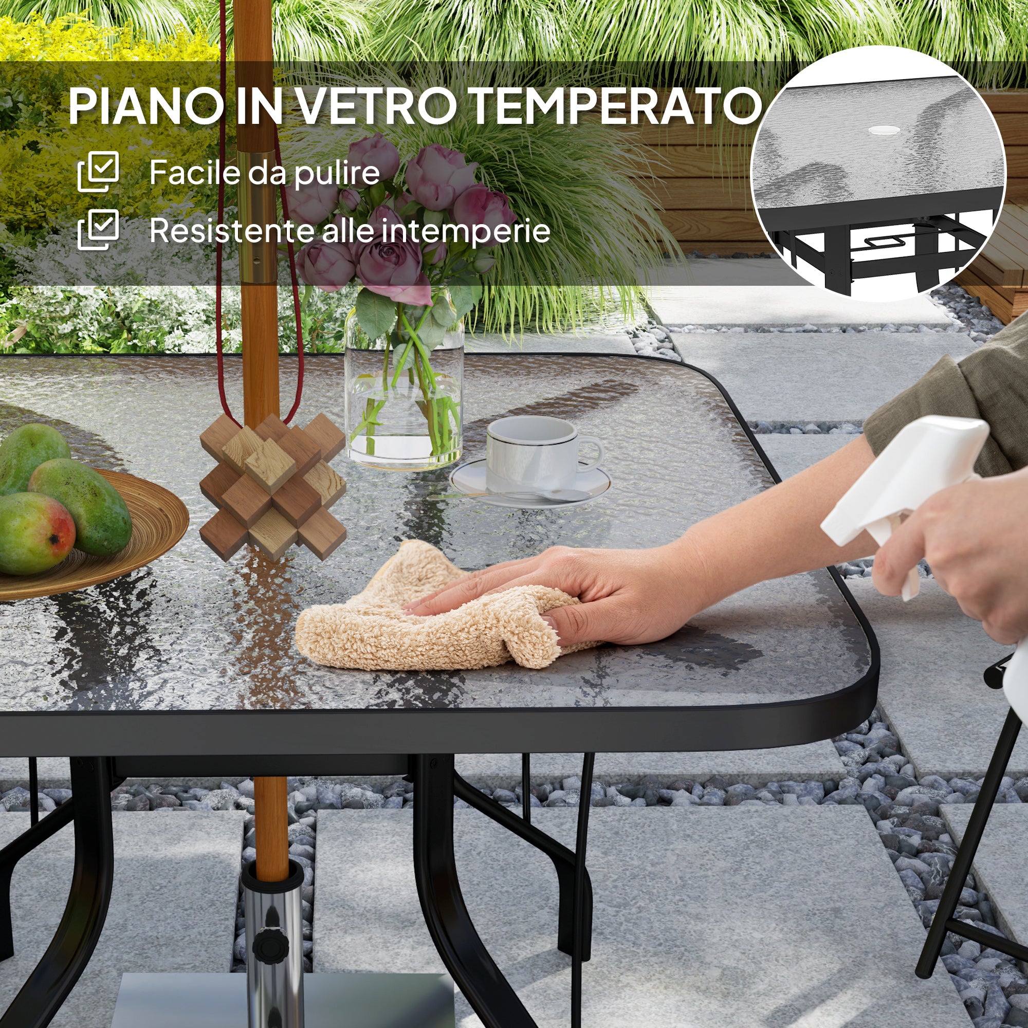 4-seater square garden table with glass top and hole for umbrella Ø54 mm, black