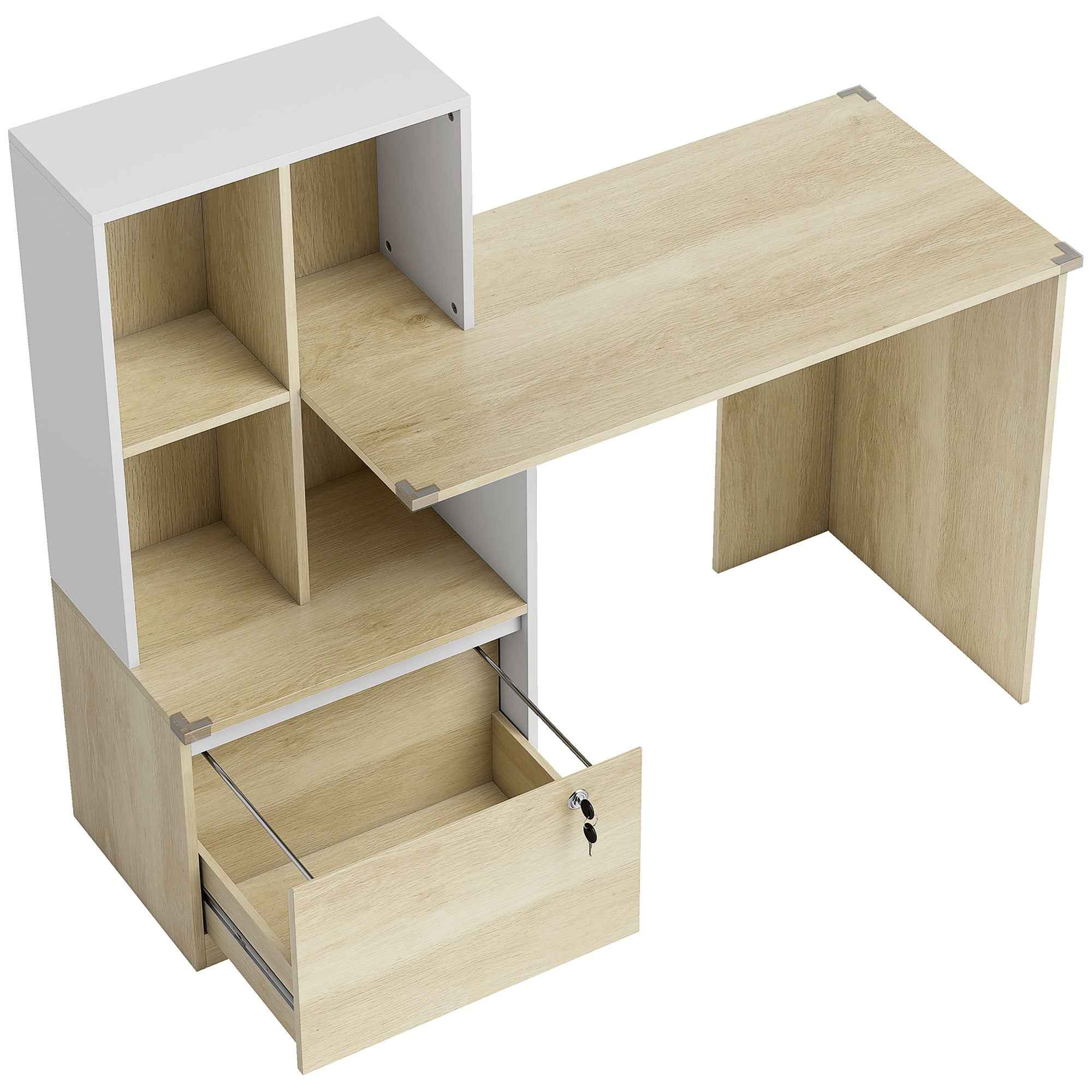HOMCOM Desk with Bookcase, A4 Drawer, Letter Size, Legal Lock and 2 Keys, Space-Saving Desk, 126x50x109 cm, White