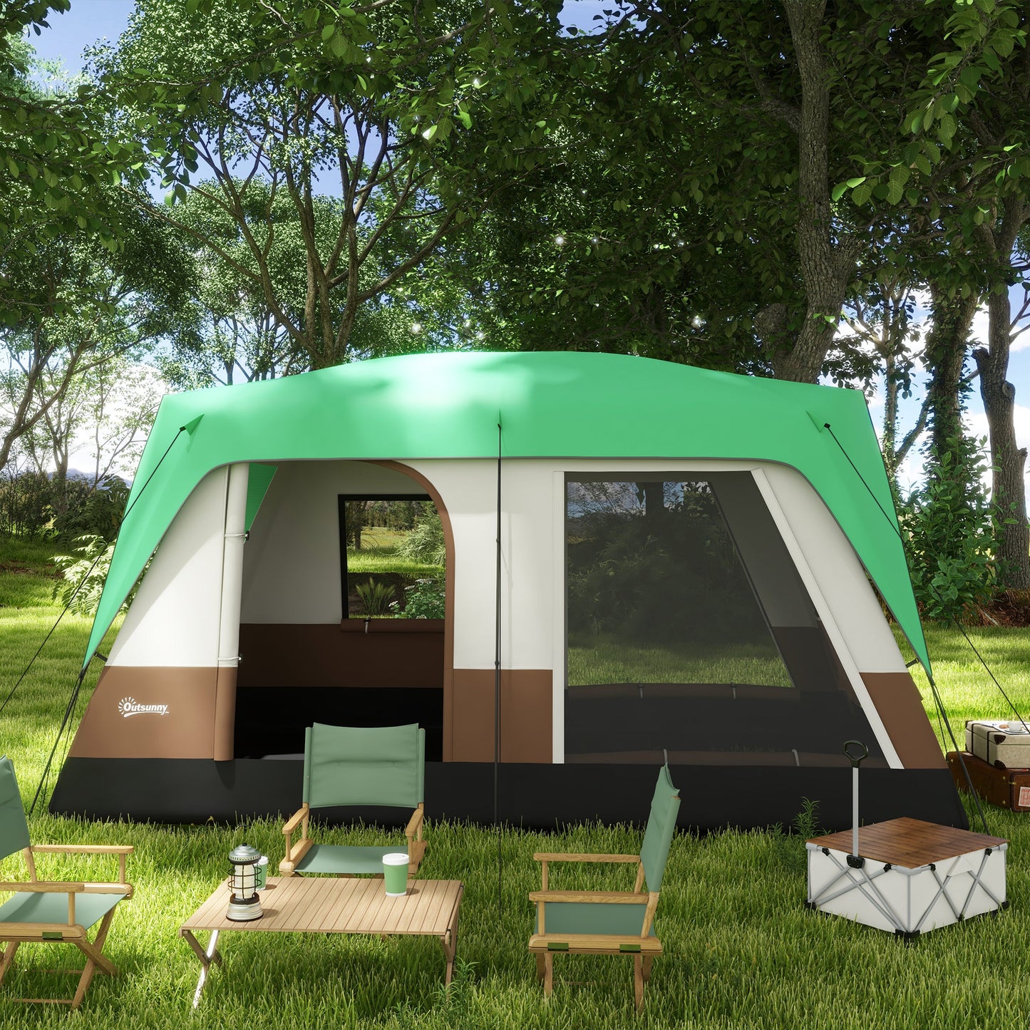 Outsunny 4-Person Waterproof Tunnel Camping Tent with Mesh Windows, Polyester, 490x305x225 cm, Green - Borgè