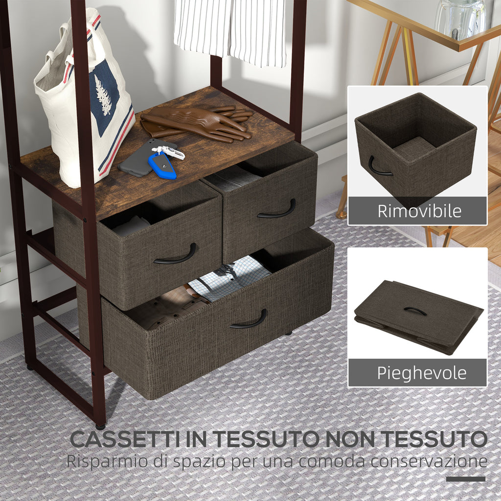 HOMCOM Floor Coat Hanger with Rod, 3 Drawers and Shelves, in MDF Wood and Steel, 58.5x30x178 cm, Brown - Borgè