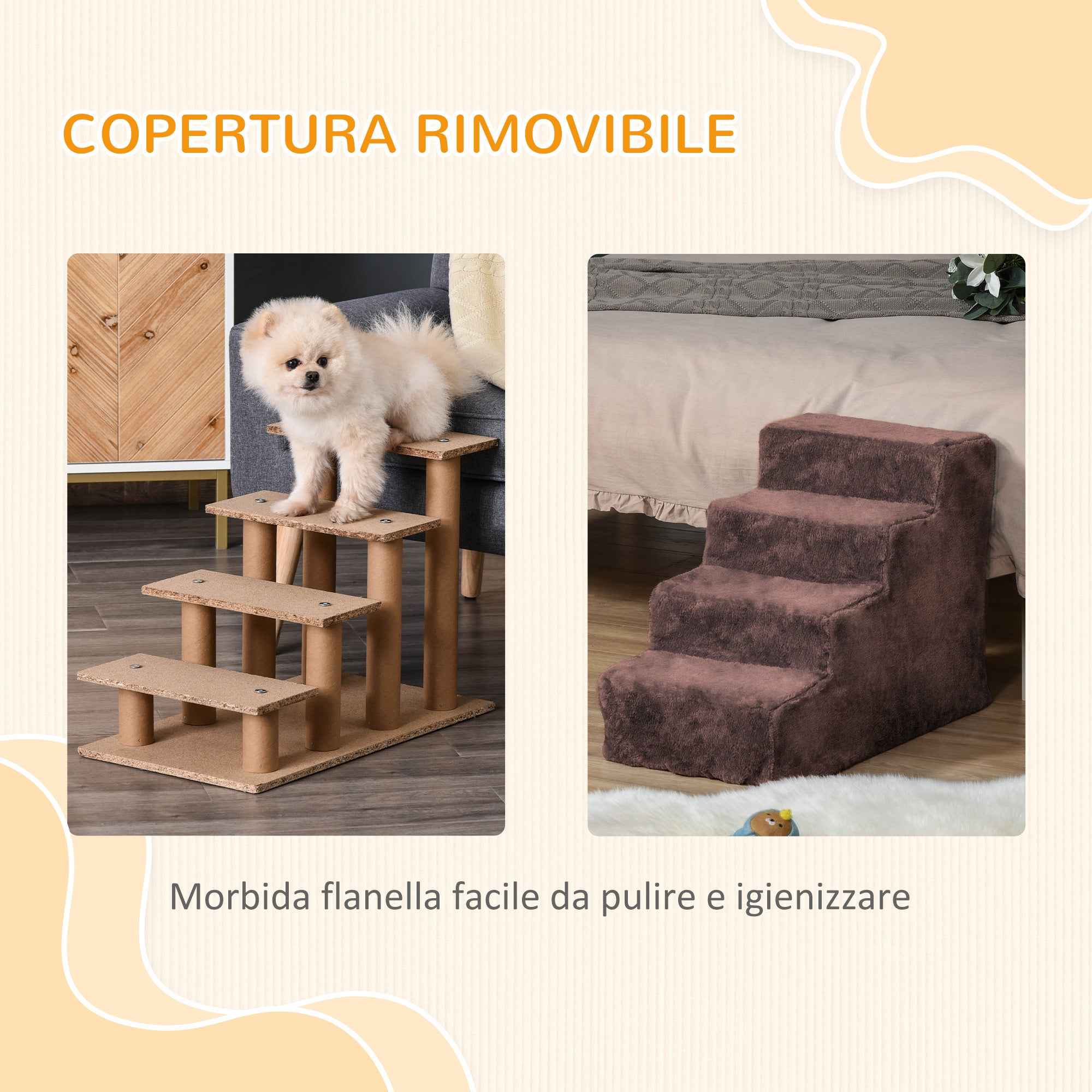 PawHut 4-Step Dog Stairs with Removable and Washable Cover, Portable, 60x35x44 cm, Brown