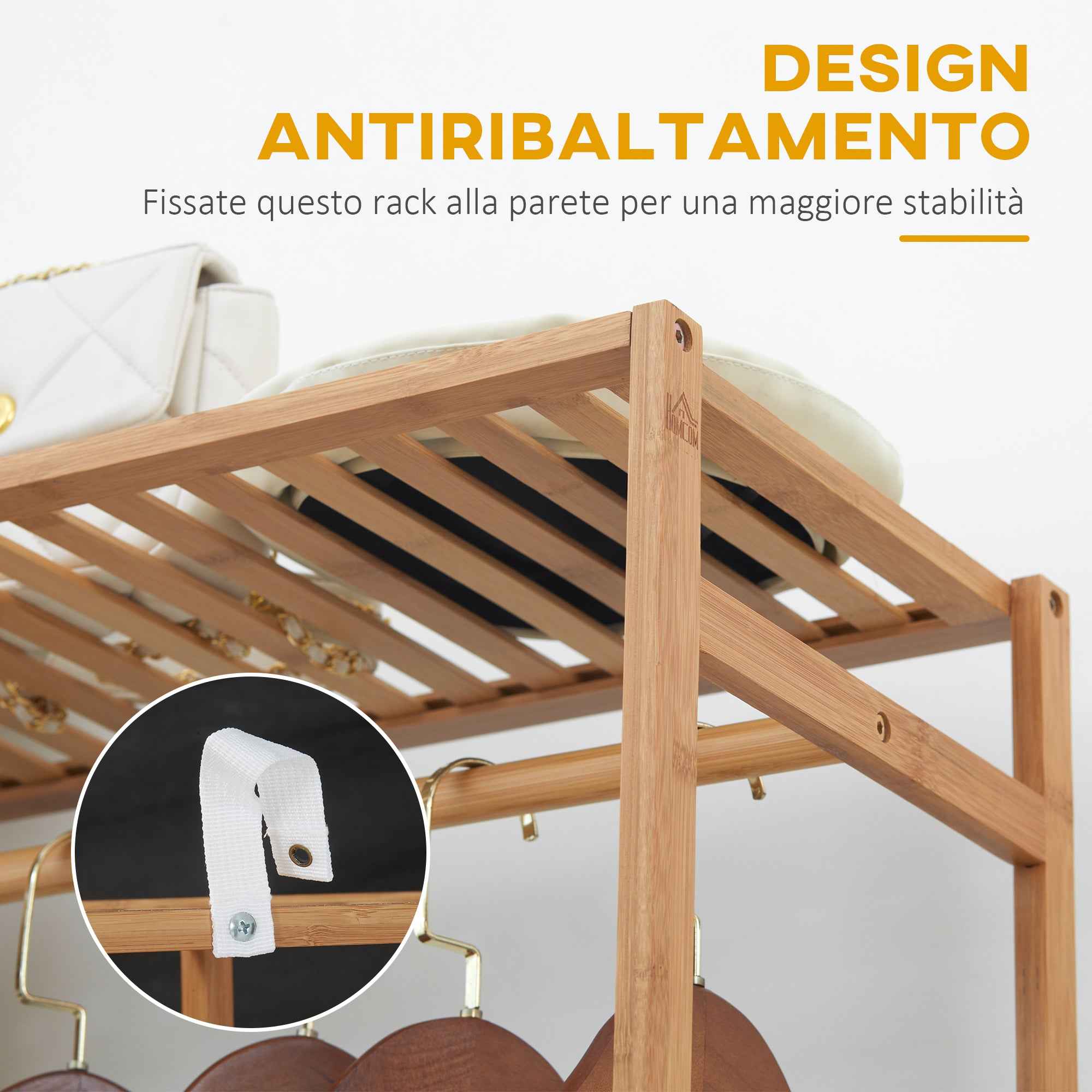 HOMCOM Bamboo Coat Rack with 6-Tier Shelf and Coat Hook, 90x30x145 cm, Natural Wood