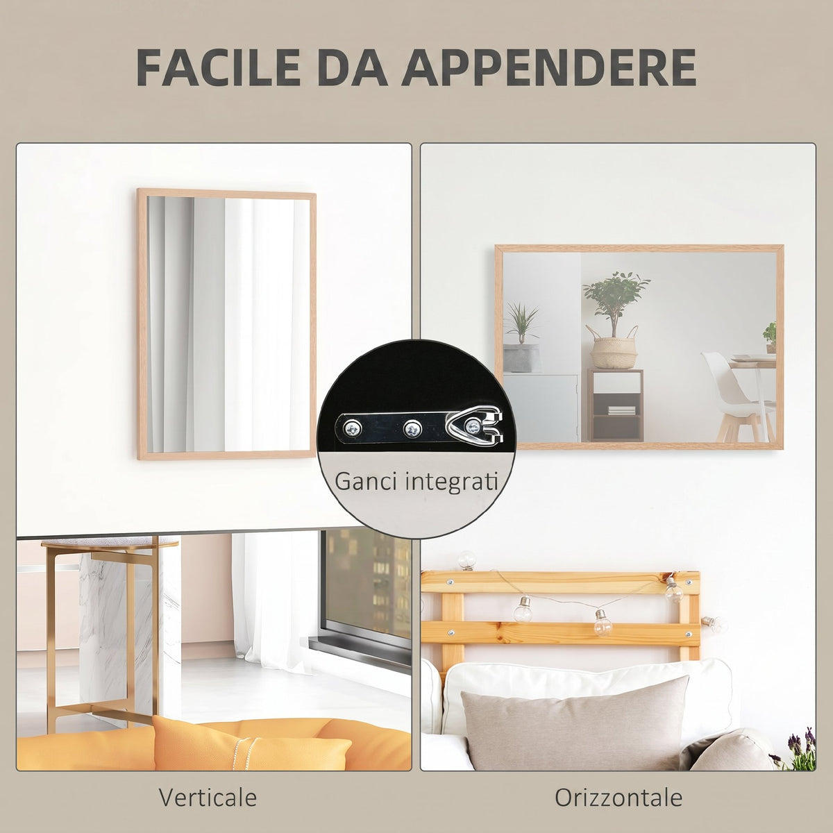 HOMCOM Rectangular Wall Mirror with Hooks, Glass and MDF Wall Mirror, 50x70 cm, Wood Color