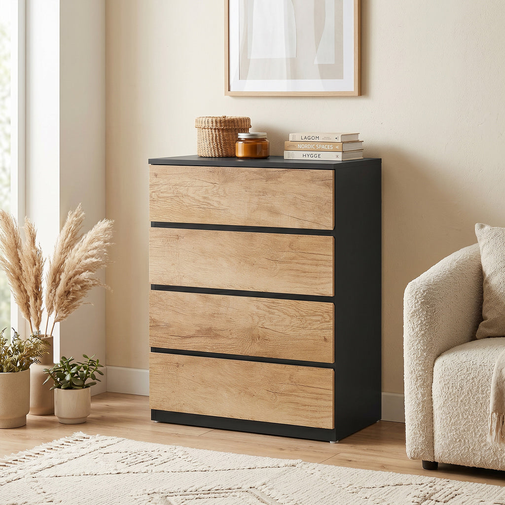 HOMCOM 4-Drawer Wooden Chest of Drawers with Metal Rails and Grooved Handles, 60x40x80 cm, Black and Oak