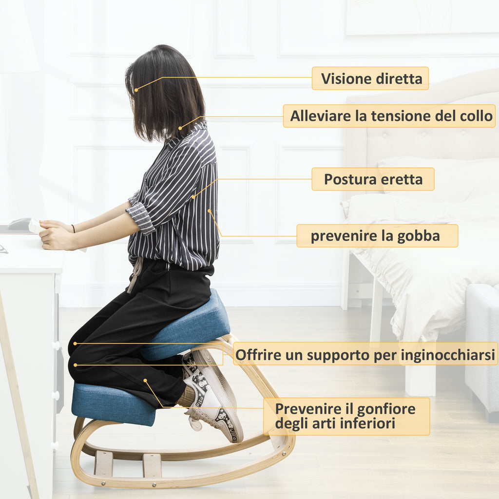 Ergonomic Chair with Kneeler in Birch Wood and Cushion, 51x69x58cm, Blue
