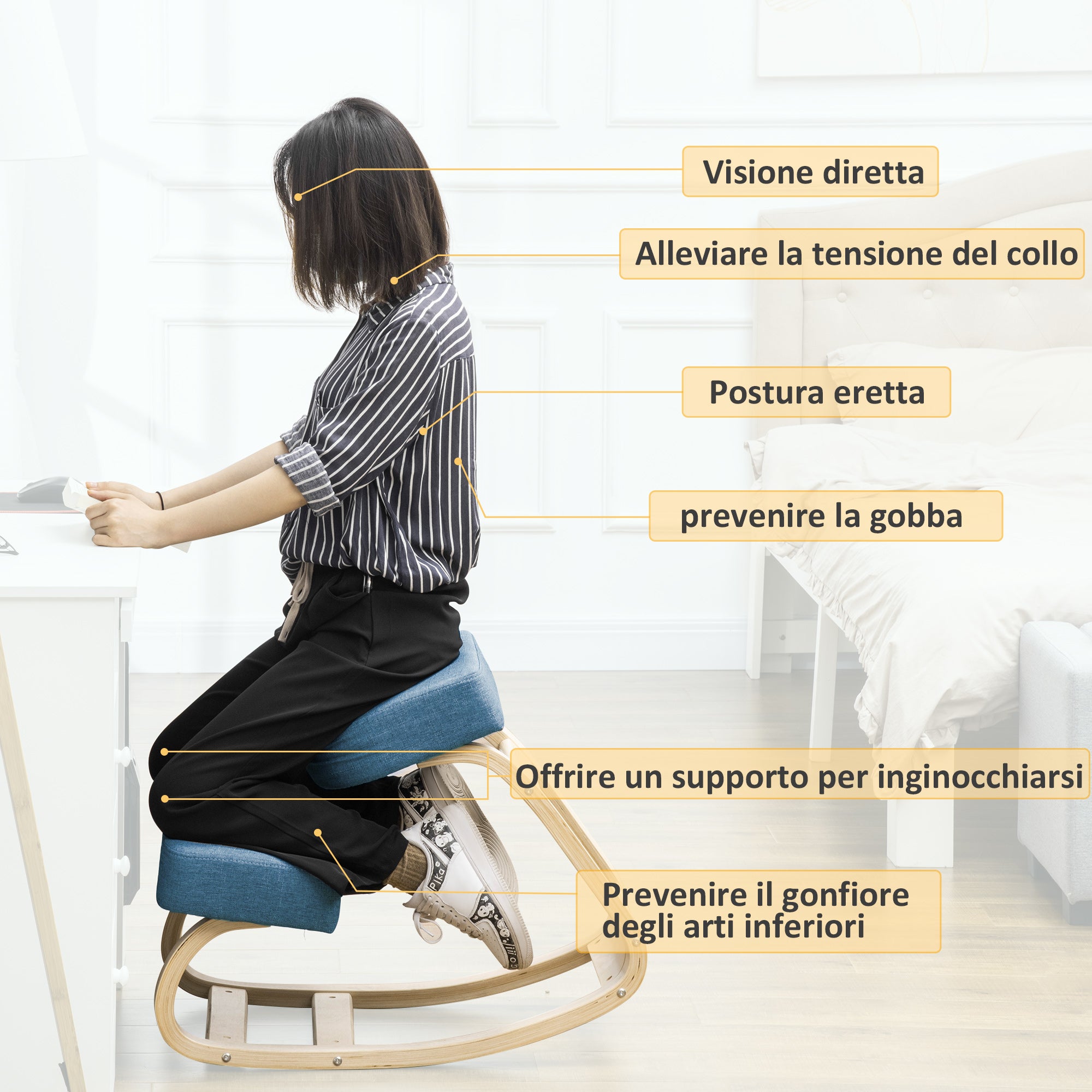 Ergonomic Chair with Kneeler in Birch Wood and Cushion, 51x69x58cm, Blue