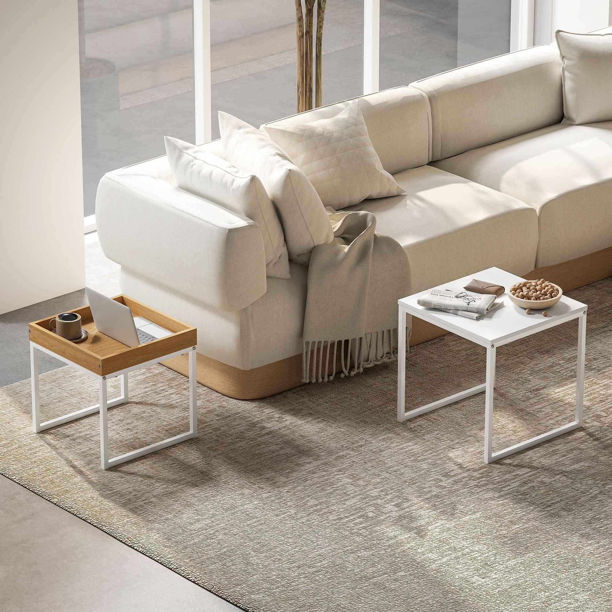 HOMCOM Modern Stackable Coffee Table Set with Tray, 45x45x45 cm, White and Oak