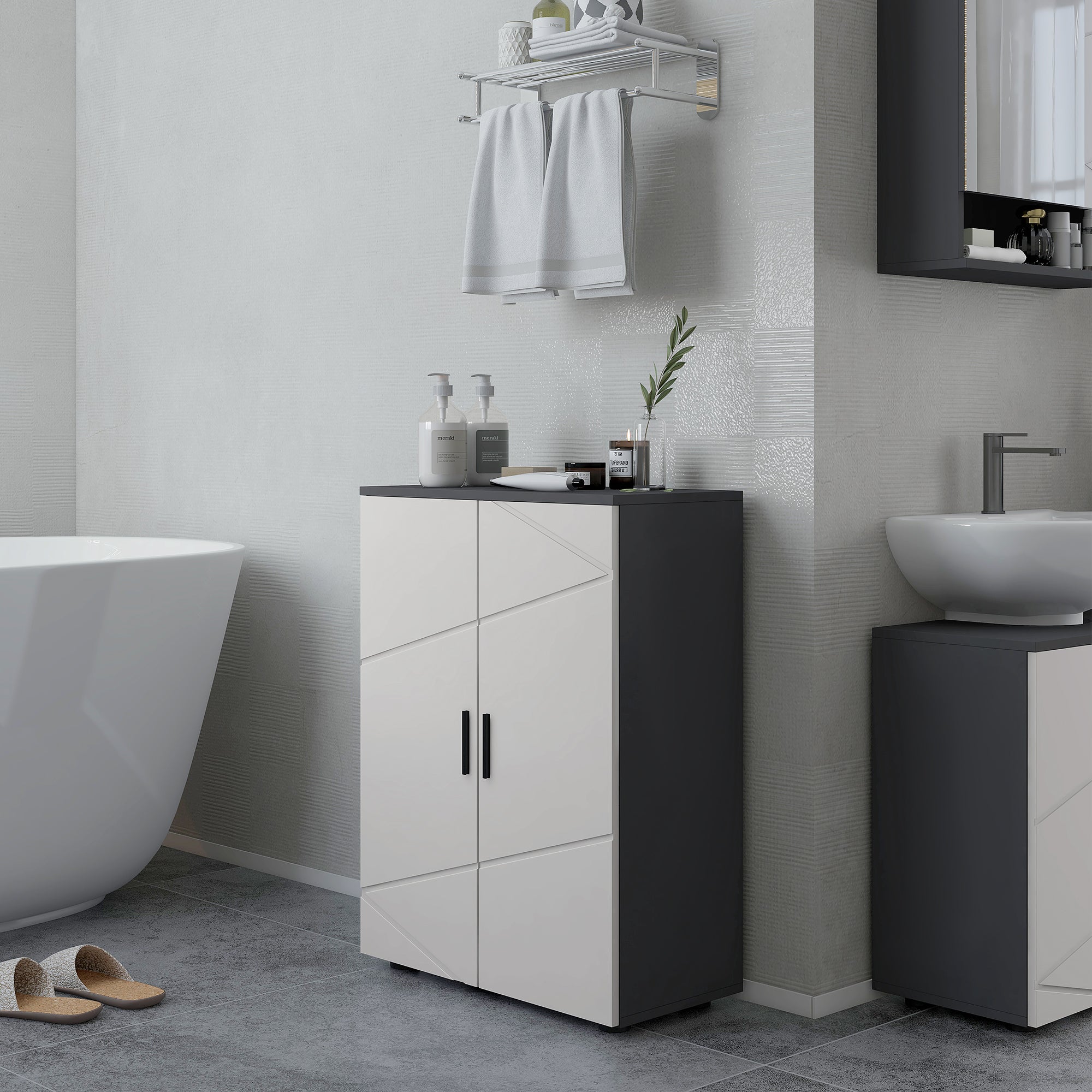 Kleankin Bathroom Cabinet 2 Wooden doors with 3 shelves and cushioned closure, 60x30x82cm, gray - Borgè