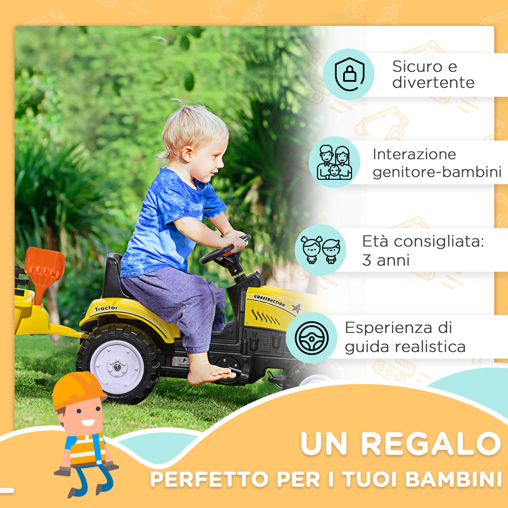 Pedal Tractor for Children from 3+ Years with Trailer, Rake, Shovel and Horn, Yellow