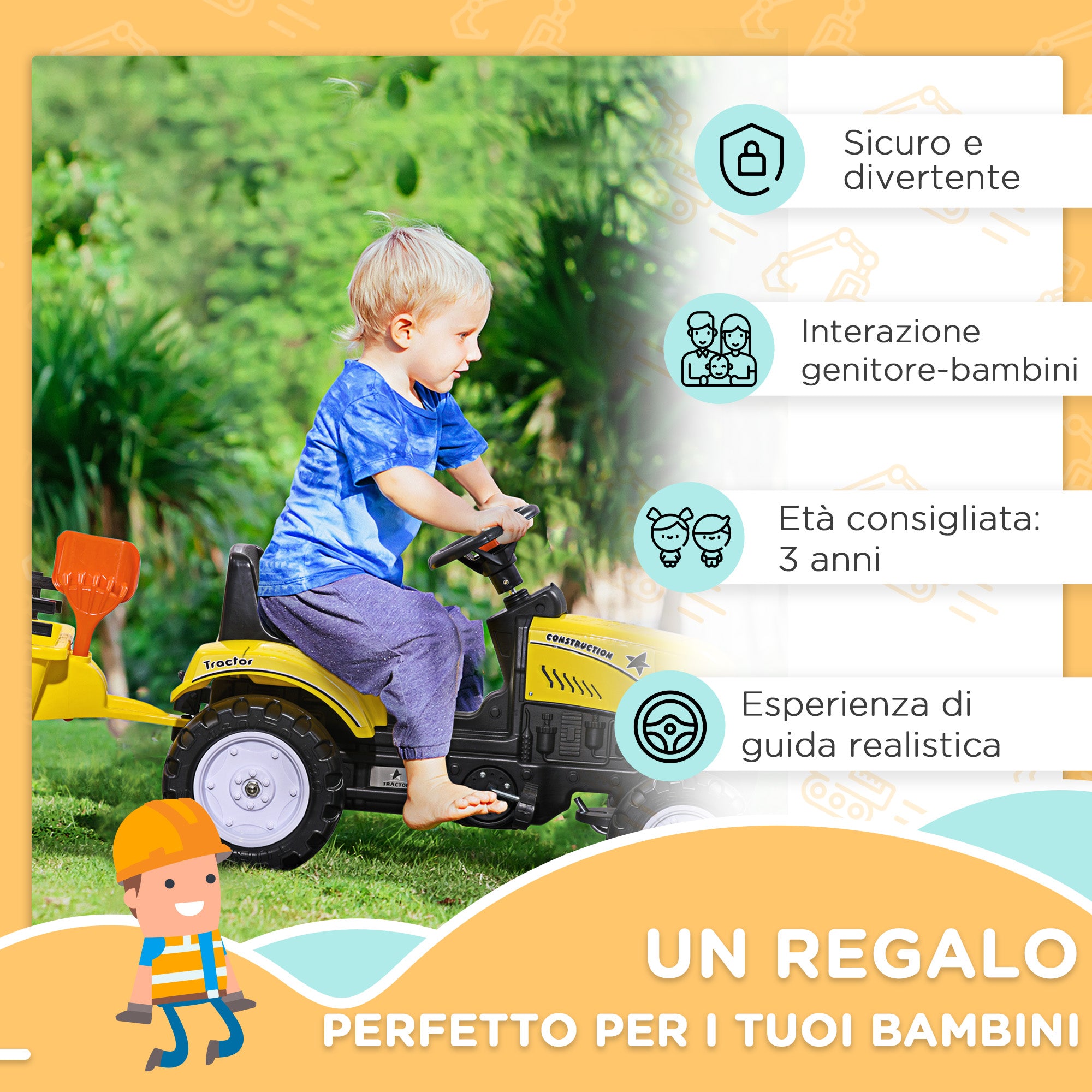 Pedal Tractor for Children from 3+ Years with Trailer, Rake, Shovel and Horn, Yellow