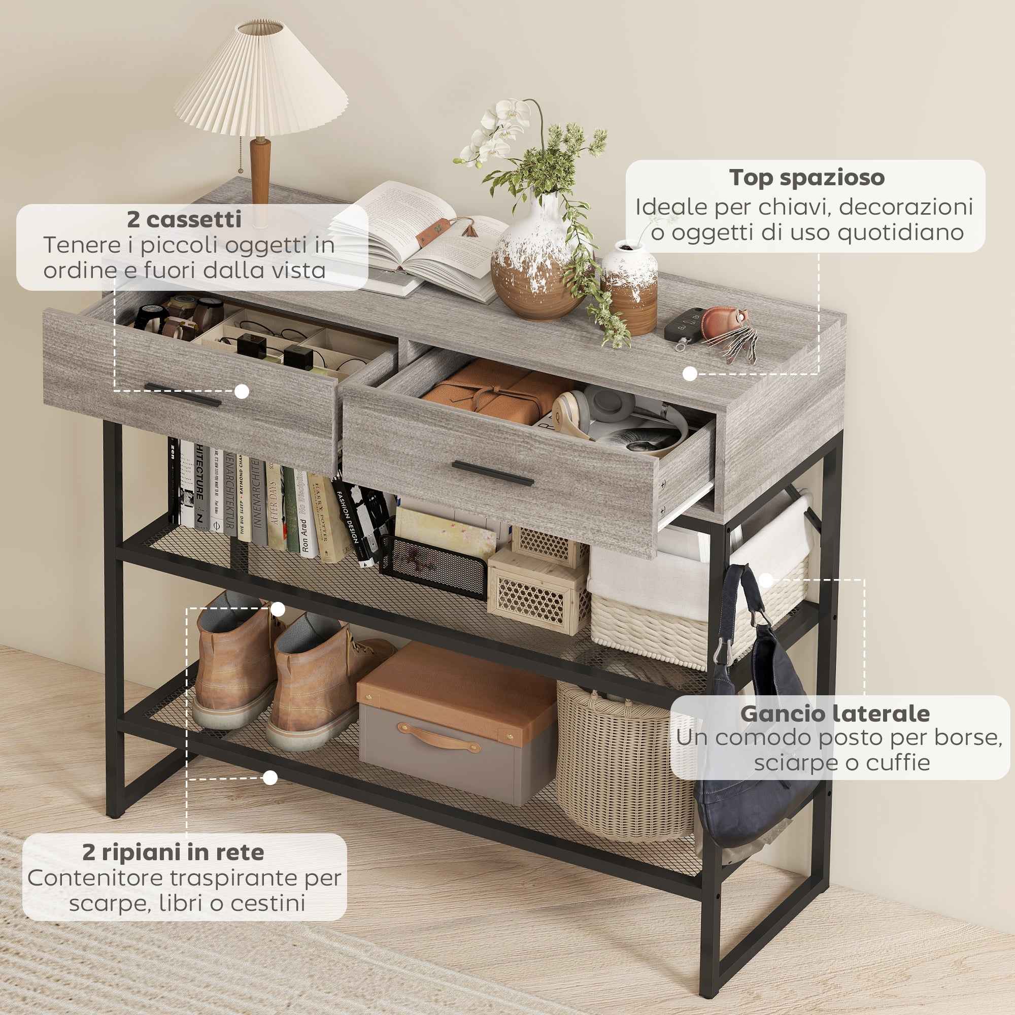 HOMCOM Entrance Console Table with 2 Drawers, 2 Shelves and Side Hook, in Wood and Metal, 100x35x92 cm, Black and Wood