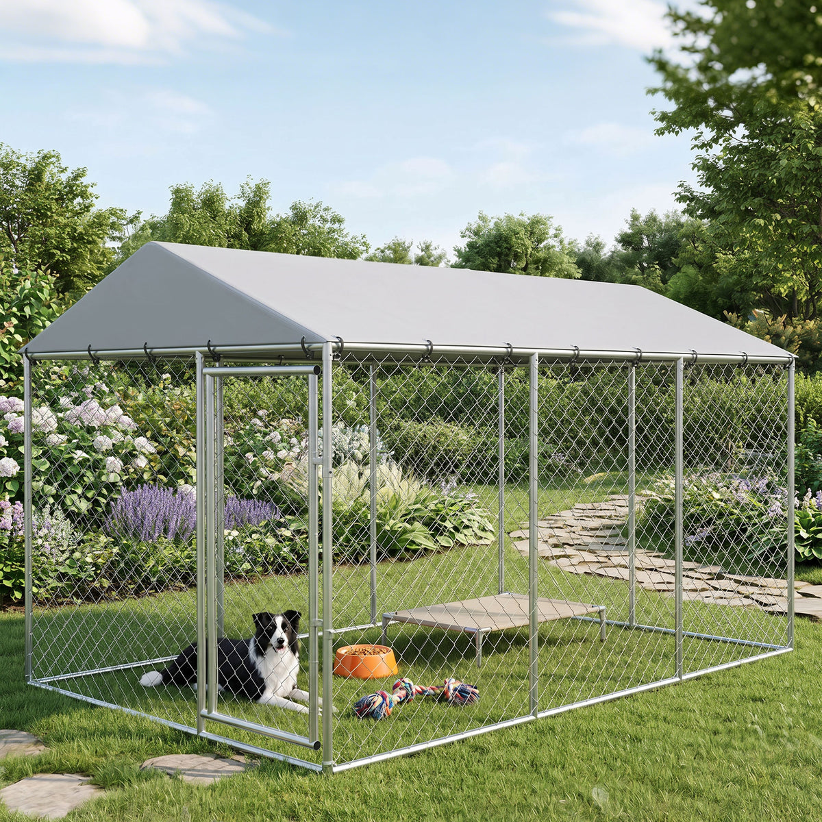 PawHut Outdoor Dog Playpen with Galvanized Mesh and Lock, Steel and Oxford Fabric, 4x2.3x2 m, Silver