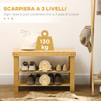 Low Bamboo Shoe Rack Bench with 2 Slatted Shelves and Seat, 70x28x45 cm, Natural
