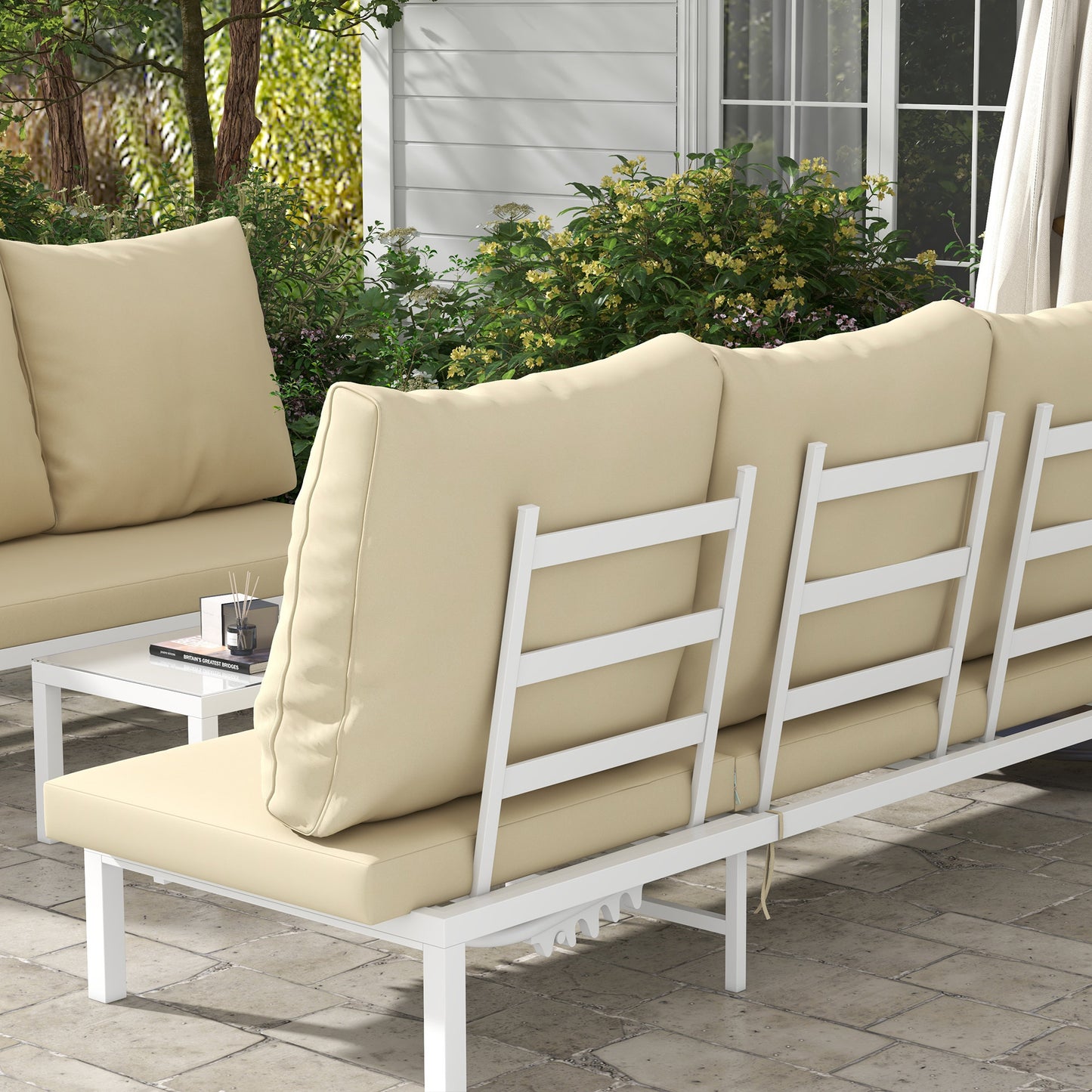 Set of 2 Sun Loungers with Adjustable Backrest and Glass Garden Table, Beige - Borgè