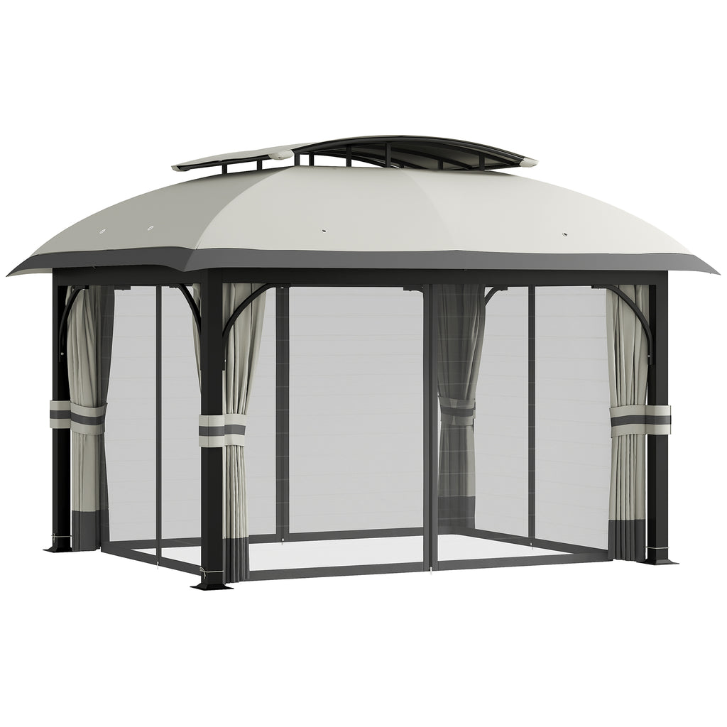 Garden Gazebo 4x3 m with Mosquito Nets and Double Roof, in Metal and Light Gray Polyester