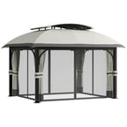 Garden Gazebo 4x3 m with Mosquito Nets and Double Roof, in Metal and Light Gray Polyester