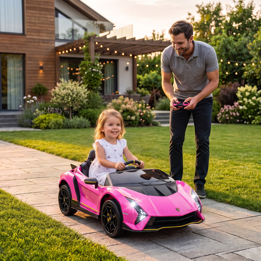 AIYAPLAY Electric Ride-On Car for Kids 3-6 Years Old, 12V Authentic Lamborghini with 2 Motors, Scissor Door, Suspension, Pink