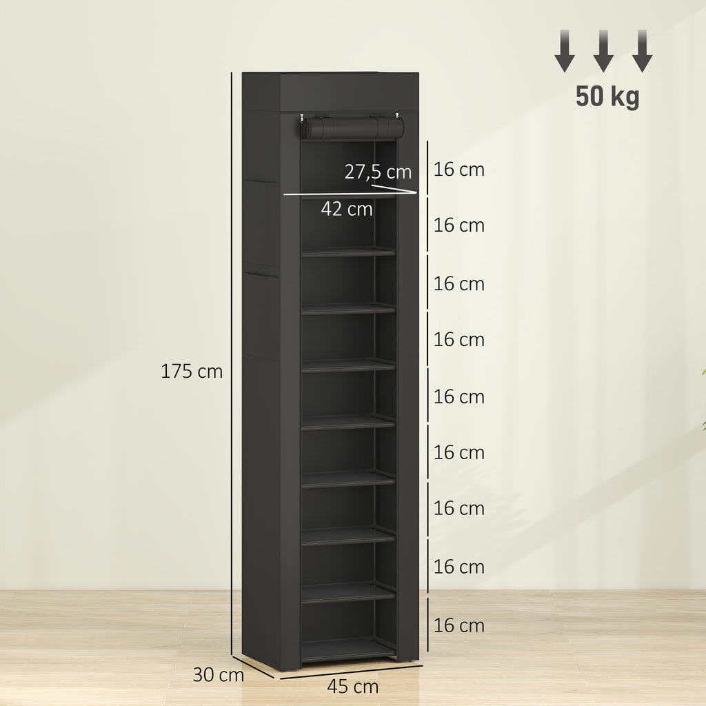 HOMCOM 10-Tier Shoe Rack, Dust Cover, 20 Pairs, 45x30x175 cm, Black