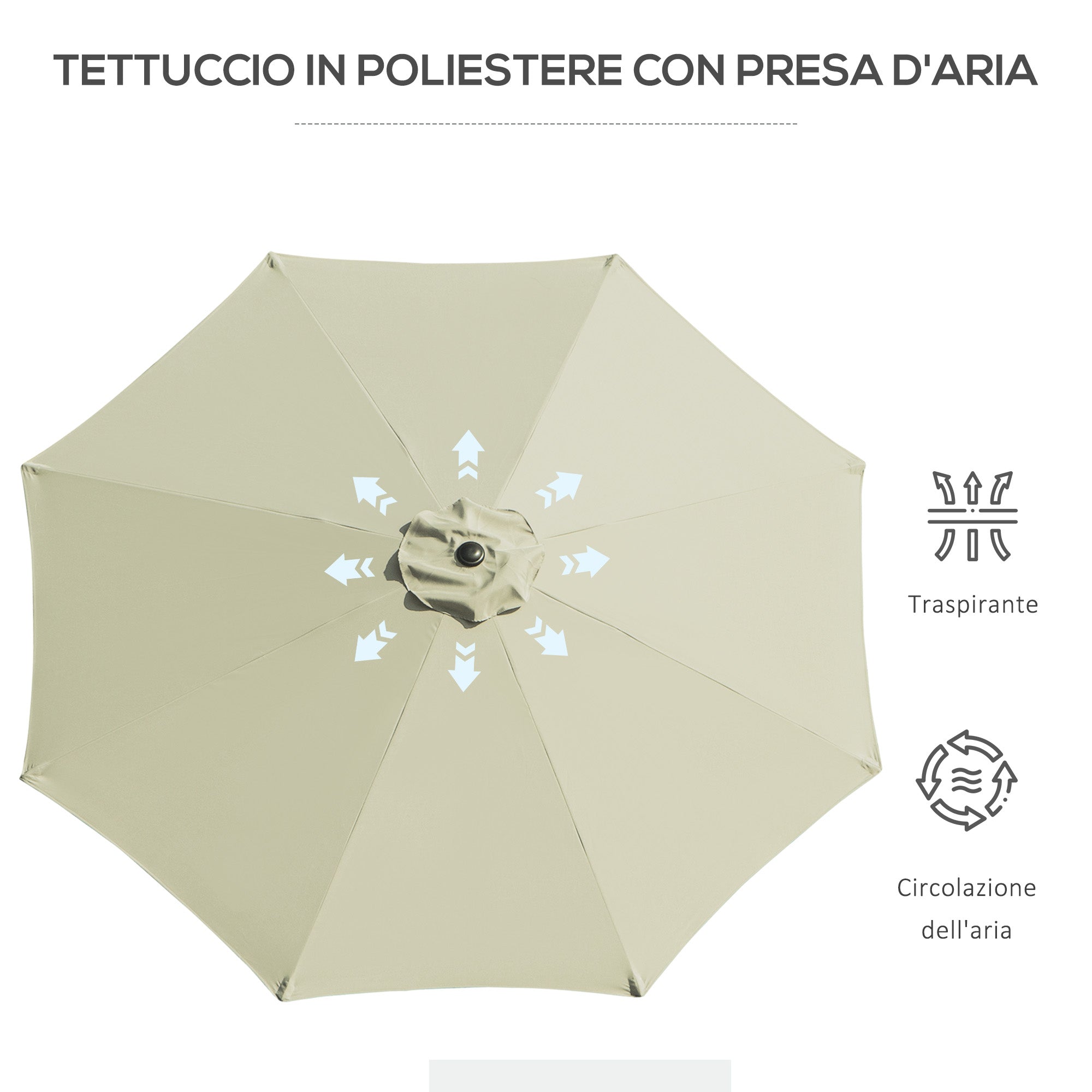 8-Ribbed Tilting Garden Umbrella with Crank Handle, Metal and Polyester, Ø295x250 cm, Beige