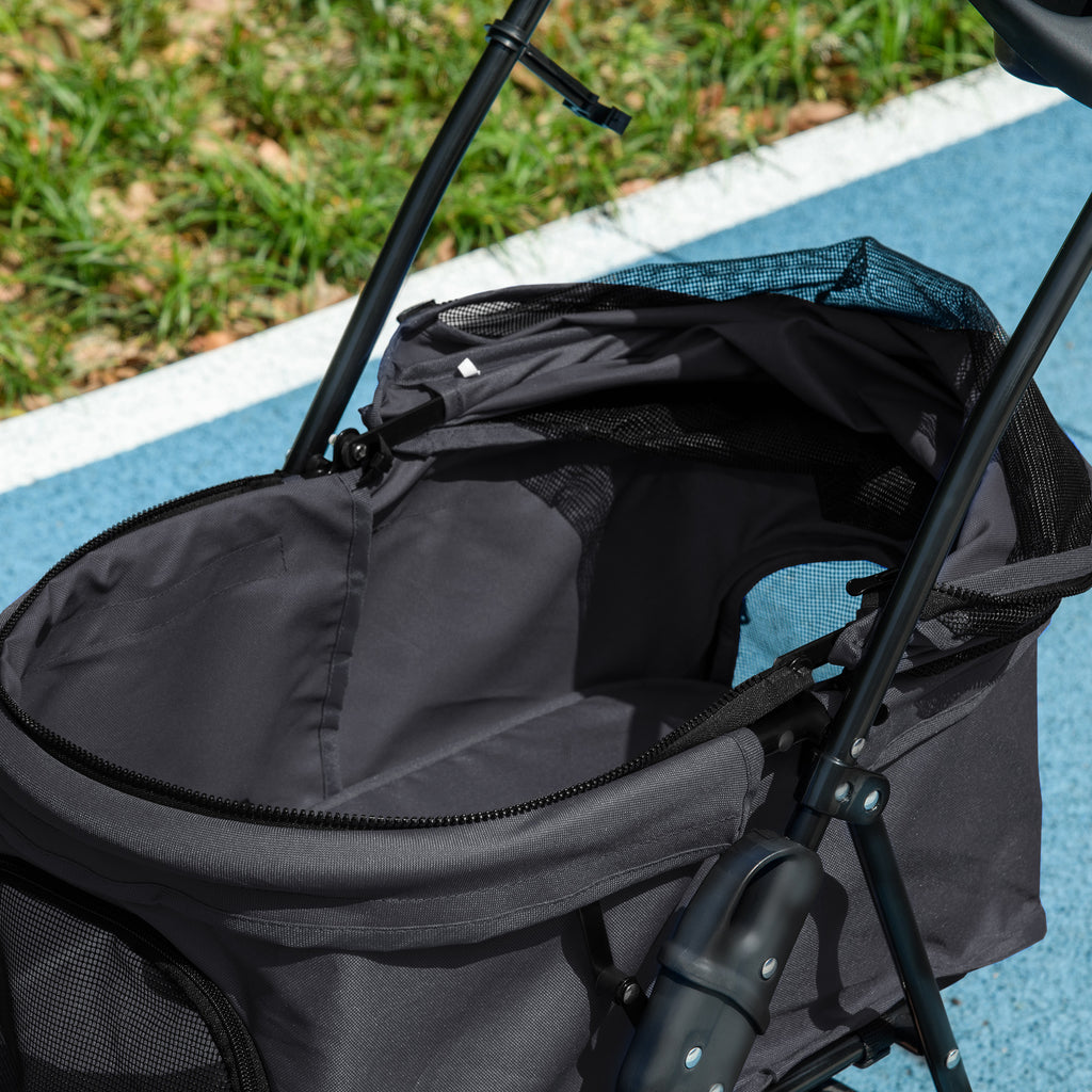 Foldable Dog Stroller with Safety Leash and Basket, Black