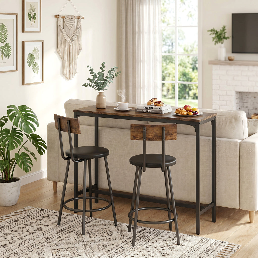 HOMCOM 3-Piece Bar Table Set Space-Saving Kitchen Table Rustic Brown