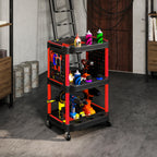 3-Tier Plastic Tool Cart with Side Perforated Panel, Black and Red
