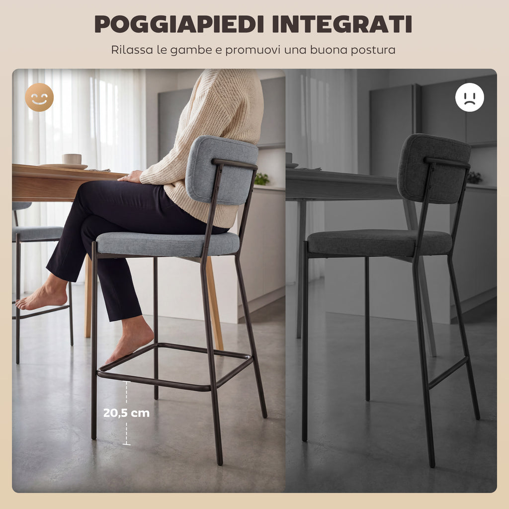 Set of 2 Bar Stools with Backrest and Footrest in Metal and Fabric, Light Grey