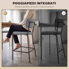 Set of 2 Bar Stools with Backrest and Footrest in Metal and Fabric, Light Grey