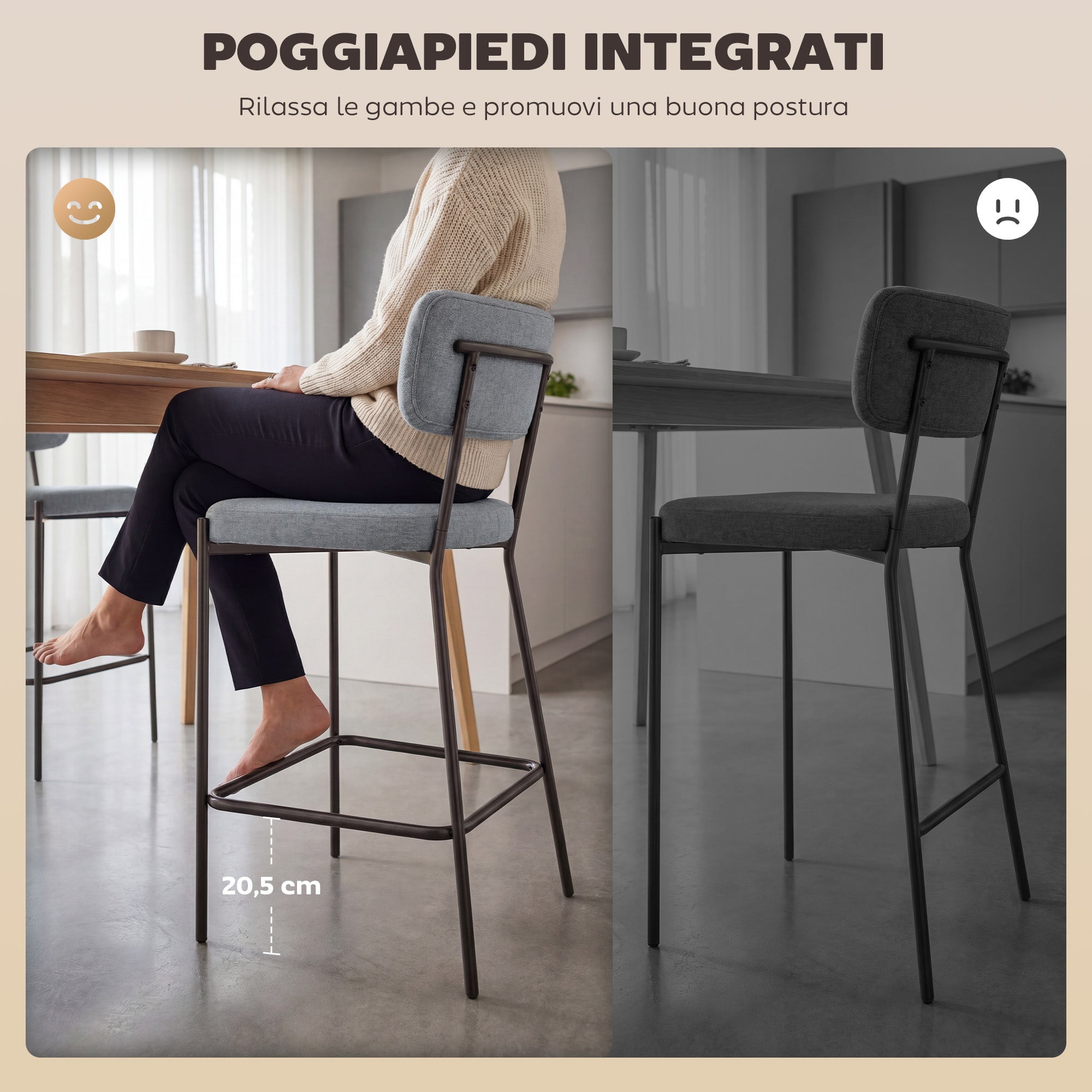 Set of 2 Bar Stools with Backrest and Footrest in Metal and Fabric, Light Grey