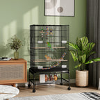 PawHut Bird Cage with Play Area, Wheels, Removable Tray and Shelf, 64x45x110 cm, Black