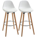 Set of 2 Nordic Style Bar Stools with Backrest, Cushion and Footrest, Wood and Plastic, White