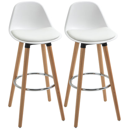 Set of 2 Nordic Style Bar Stools with Backrest, Cushion and Footrest, Wood and Plastic, White