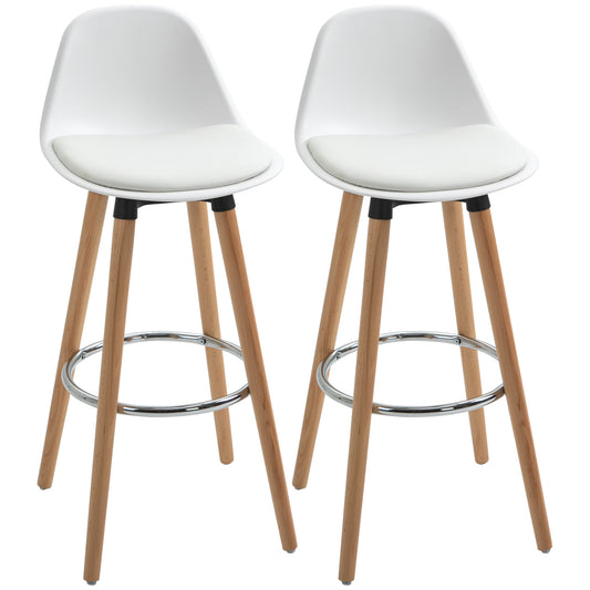 Set of 2 Nordic Style Bar Stools with Backrest, Cushion and Footrest, Wood and Plastic, White