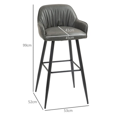 Set of 2 Modern Bar Stools with Footrest and Backrest, Faux Leather PU and Steel, Gray