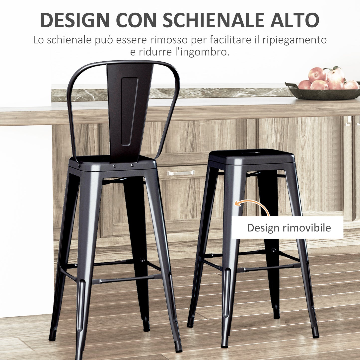 Set of 2 Industrial Bar Stools with Removable Backrest and Footrest, in Metal, 44x49x116 cm, Black