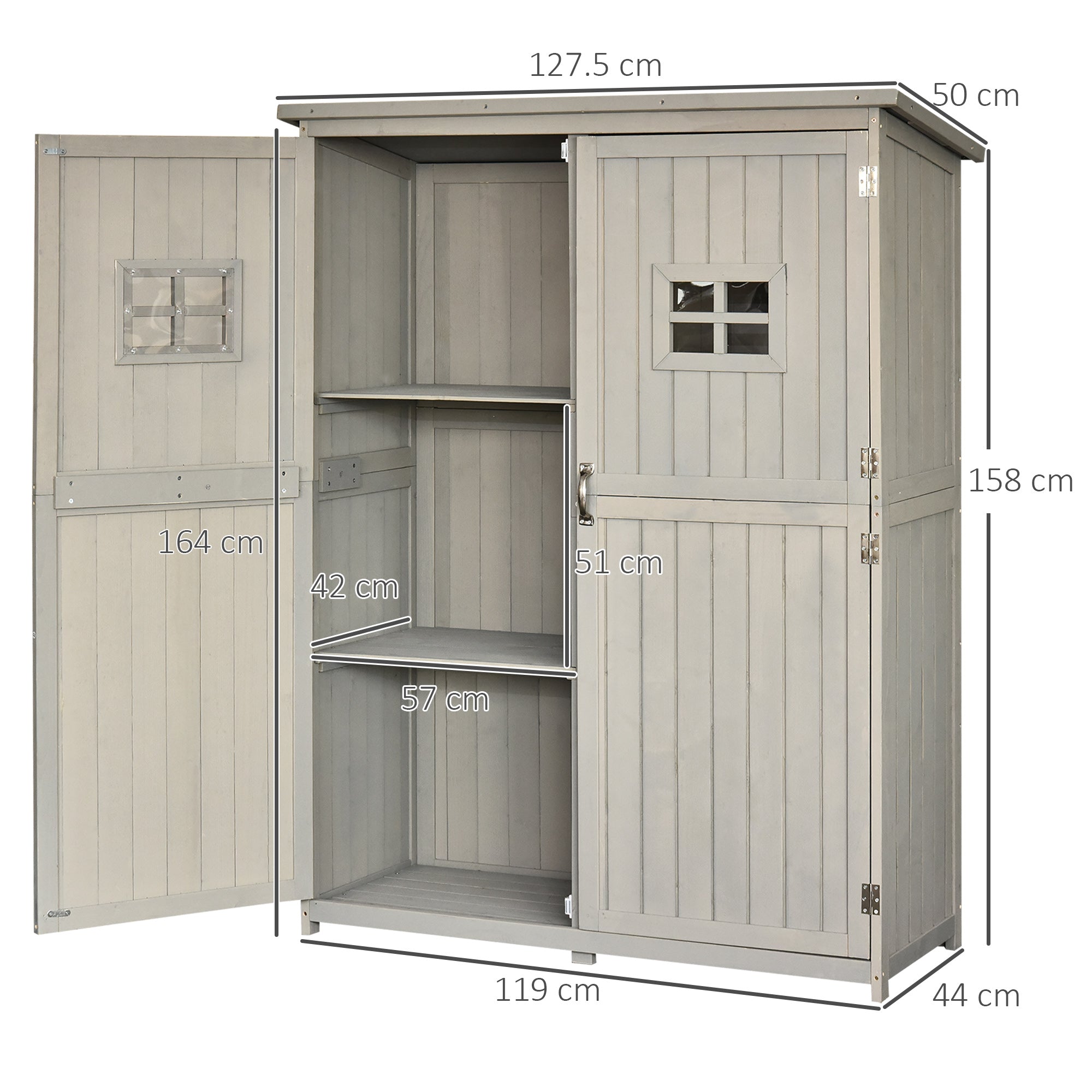 Wooden Garden Shed with Double Door, Shelves and Windows, 127.5x50x164cm