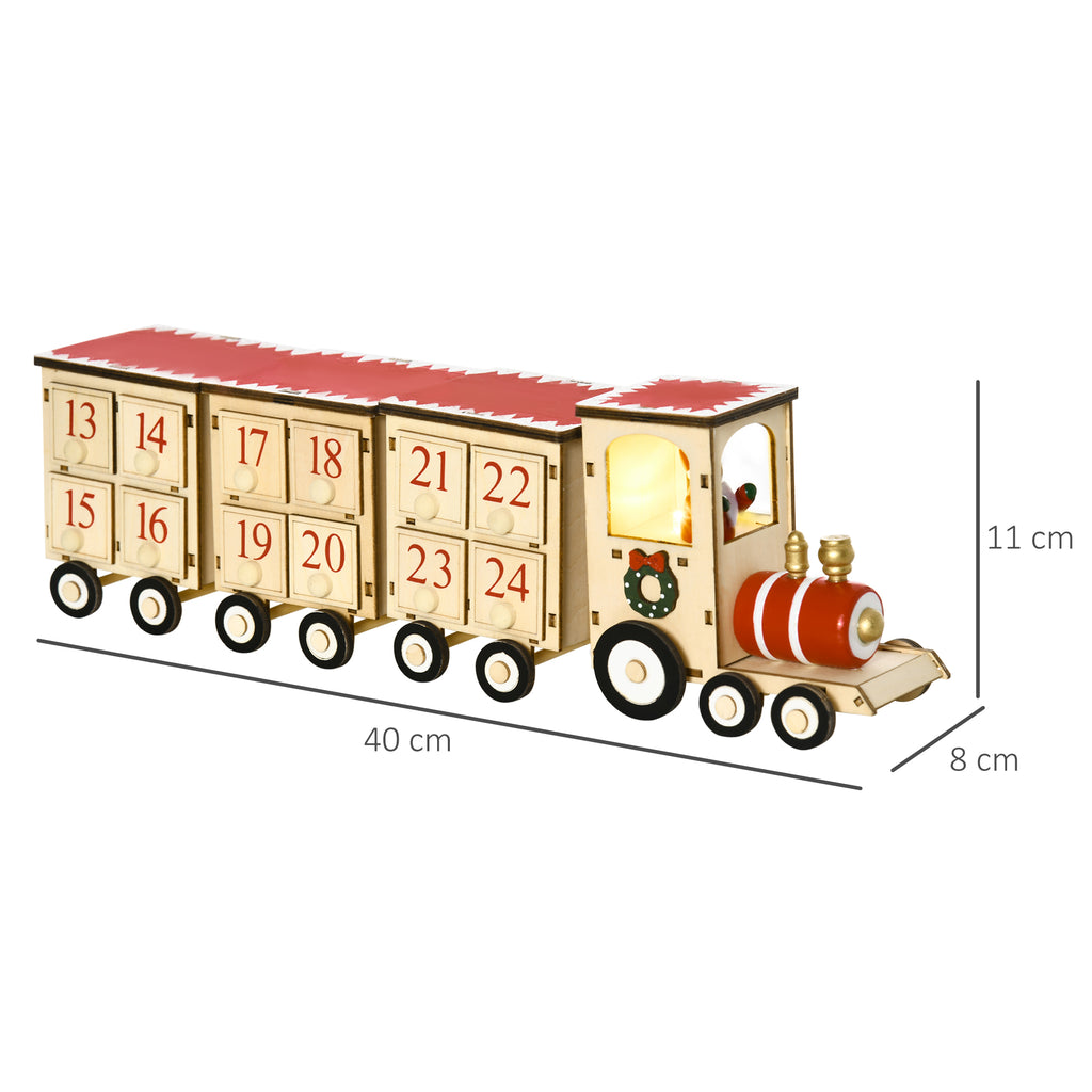 Christmas Advent Calendar Train with Santa Claus and LED Light Included, Plywood, 40x8x11 cm