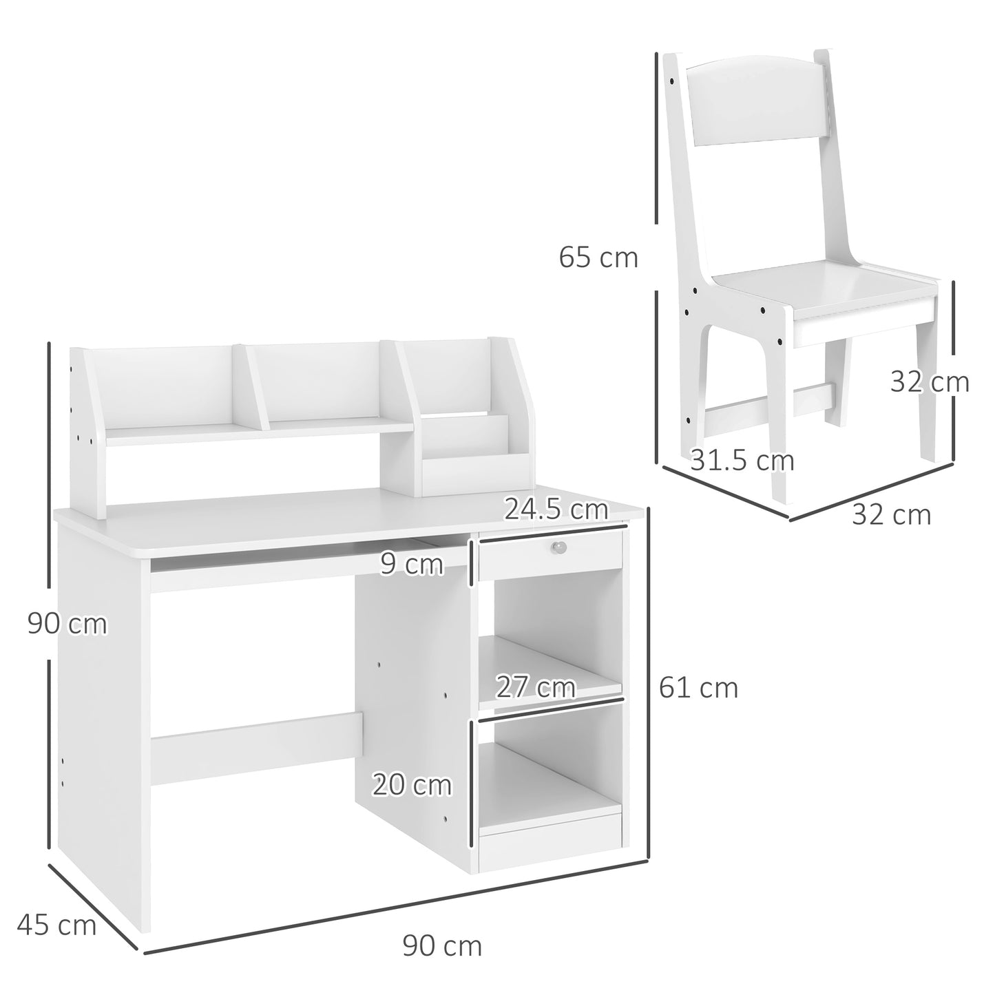 Zonekiz school desk and 5-8 year old children's chair with shelf and removable shelf in white wood - Borgè