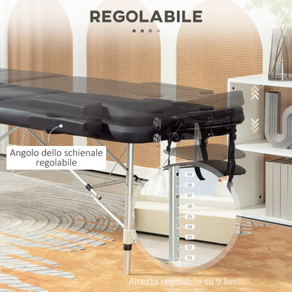 Black Foldable Massage Table with Adjustable Height, in Aluminum and Plastic, 215x60x61-84 cm, Black