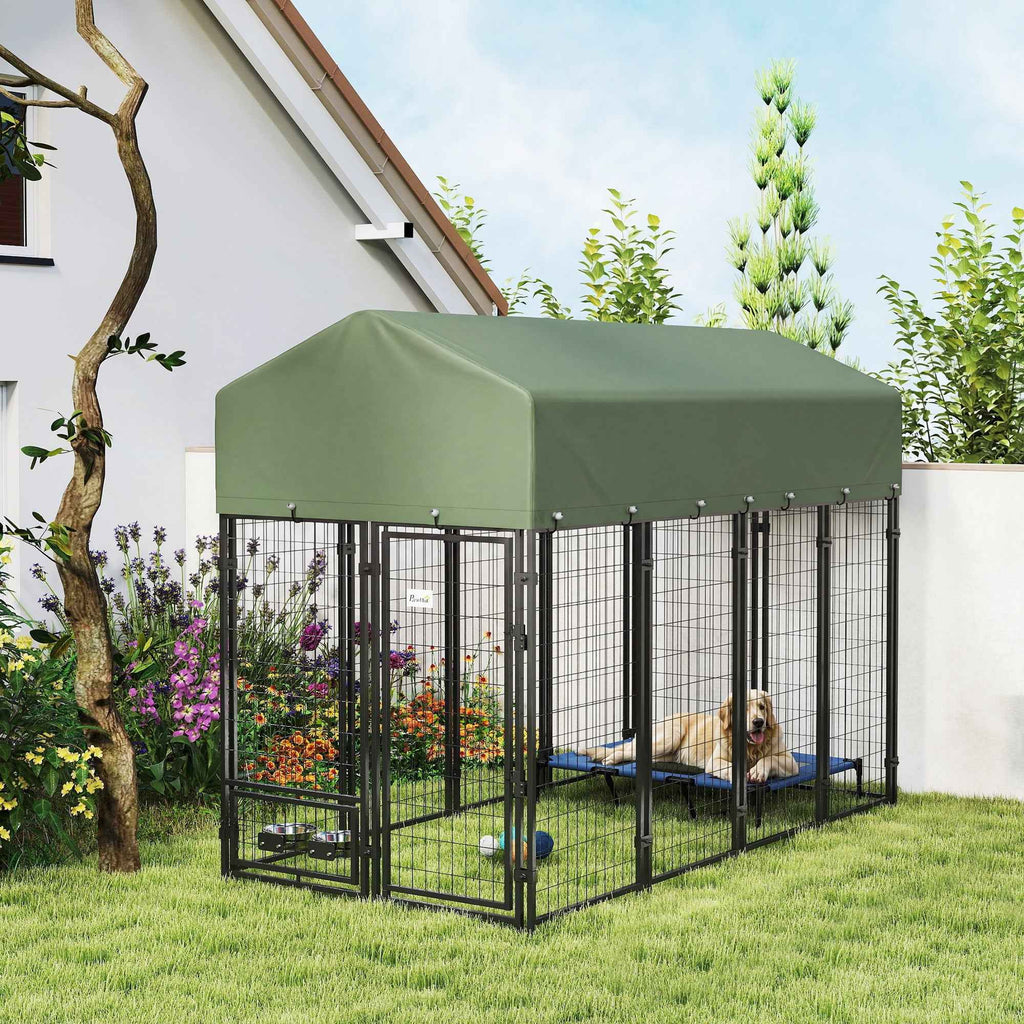 PawHut Outdoor Steel Dog Playpen with Oxford Fabric Roof, Anti-UV, Waterproof, 2 Bowls, Green
