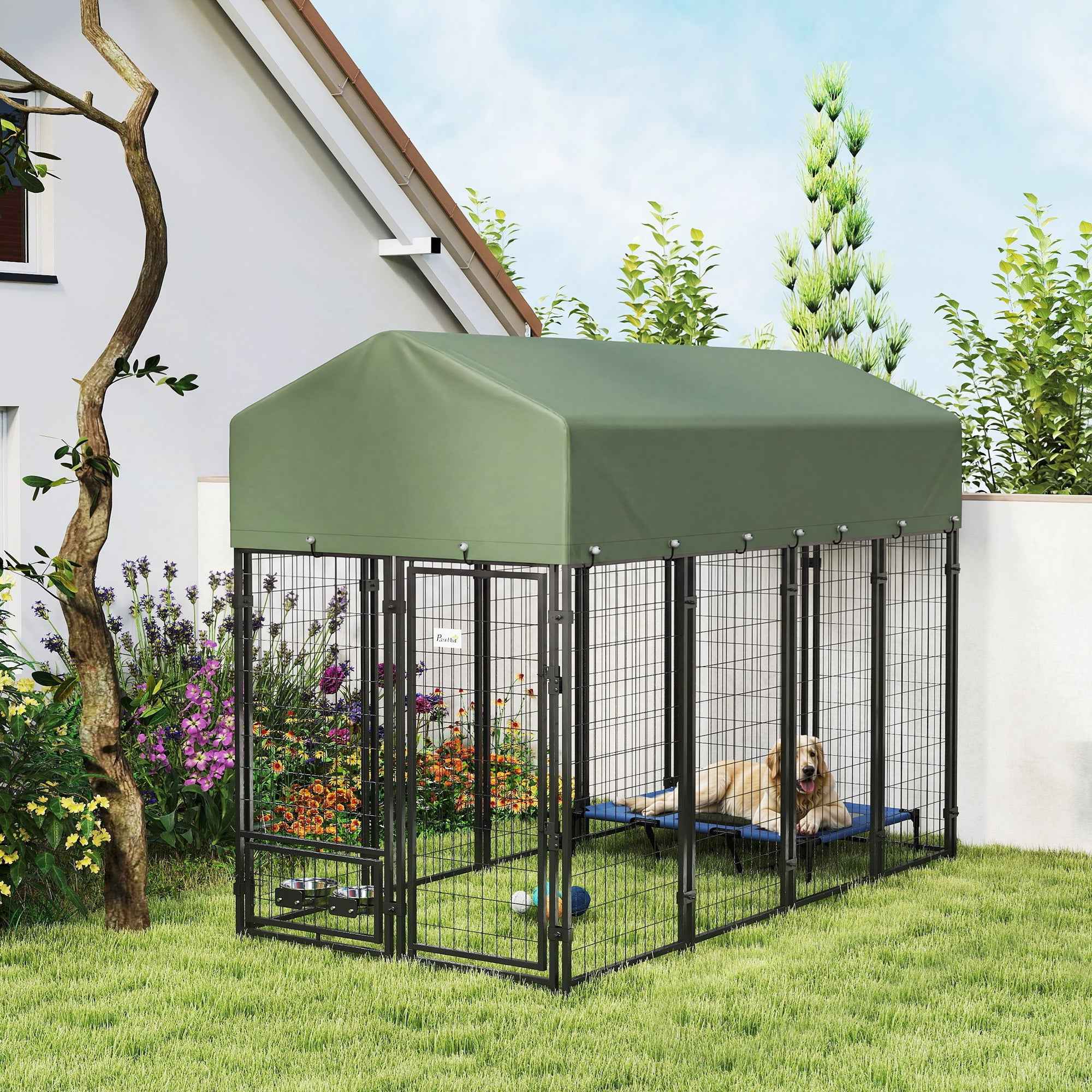 PawHut Outdoor Steel Dog Playpen with Oxford Fabric Roof, Anti-UV, Waterproof, 2 Bowls, Green