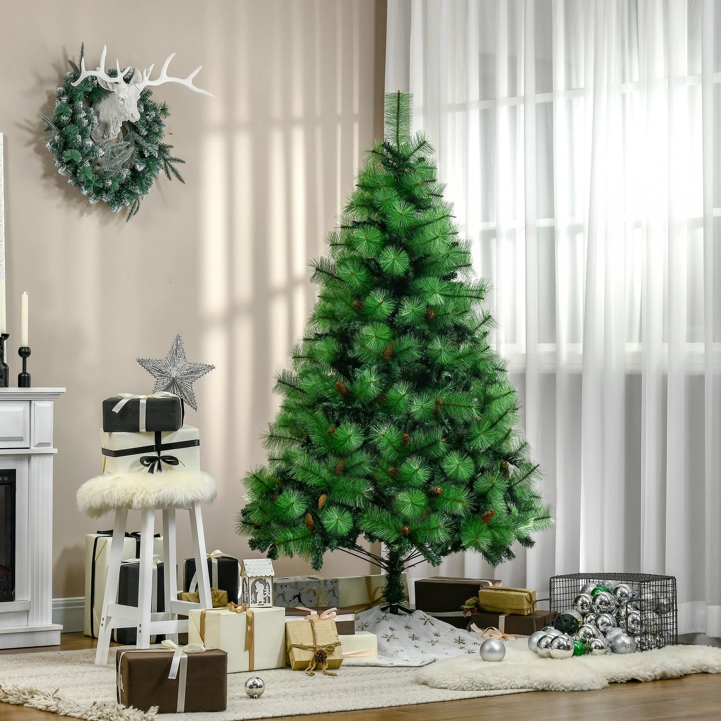 Fireproof Indoor Decorated Christmas Tree with 782 Branches and Metal Base, Φ116x180 cm, Green