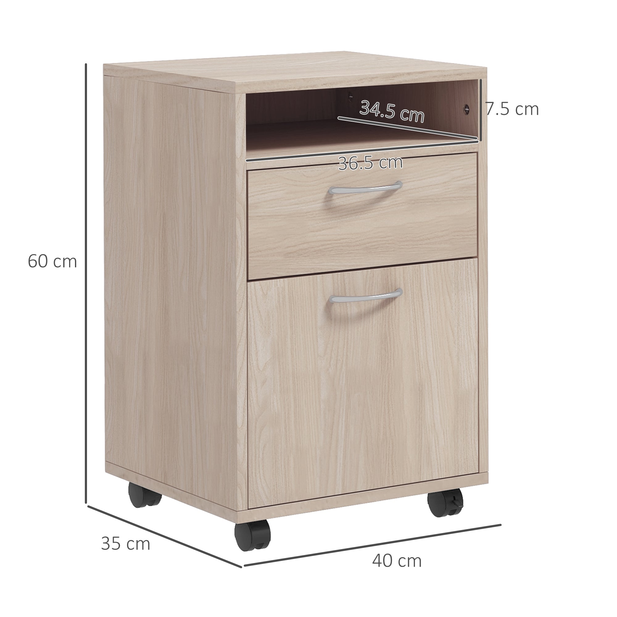 Office Drawer Cabinet Document Holder with Open Shelf and 2 Drawers, in Wood and Metal, 40x35x60 cm, Oak