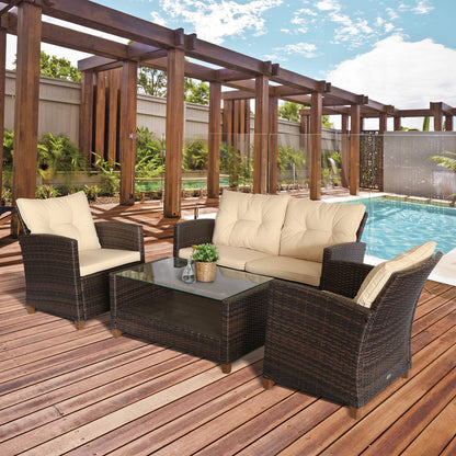 NARCO | 4 Piece PE Rattan Garden Furniture Set and Coffee Table, Upholstered Sofa and Armchairs Brown and Beige 124x68x76cm