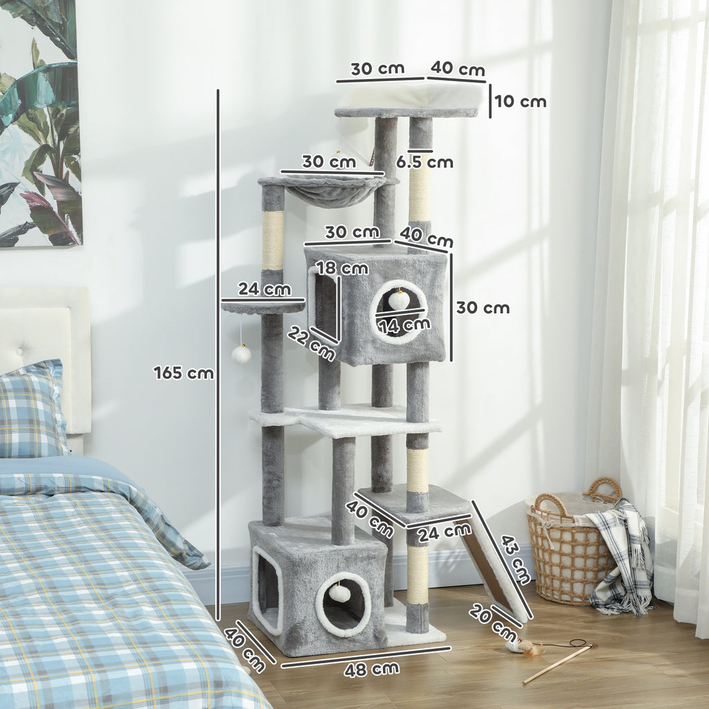 Cat Tree with 2 Cat Houses, Ramp, Perches and 4 Balls, 48x40x165 cm, Grey and White