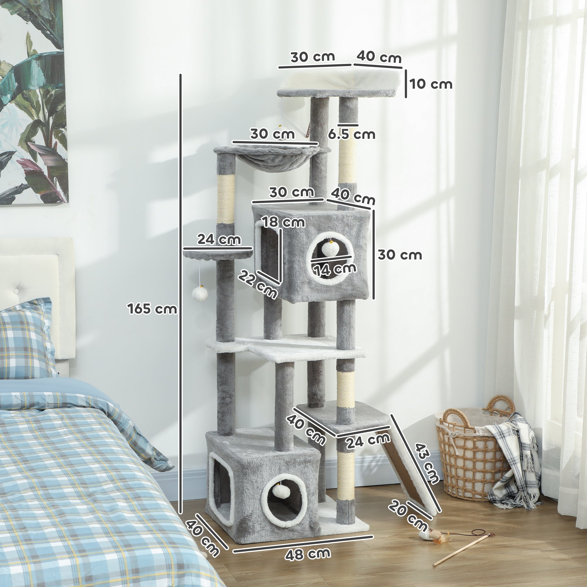 Cat Tree with 2 Cat Houses, Ramp, Perches and 4 Balls, 48x40x165 cm, Grey and White