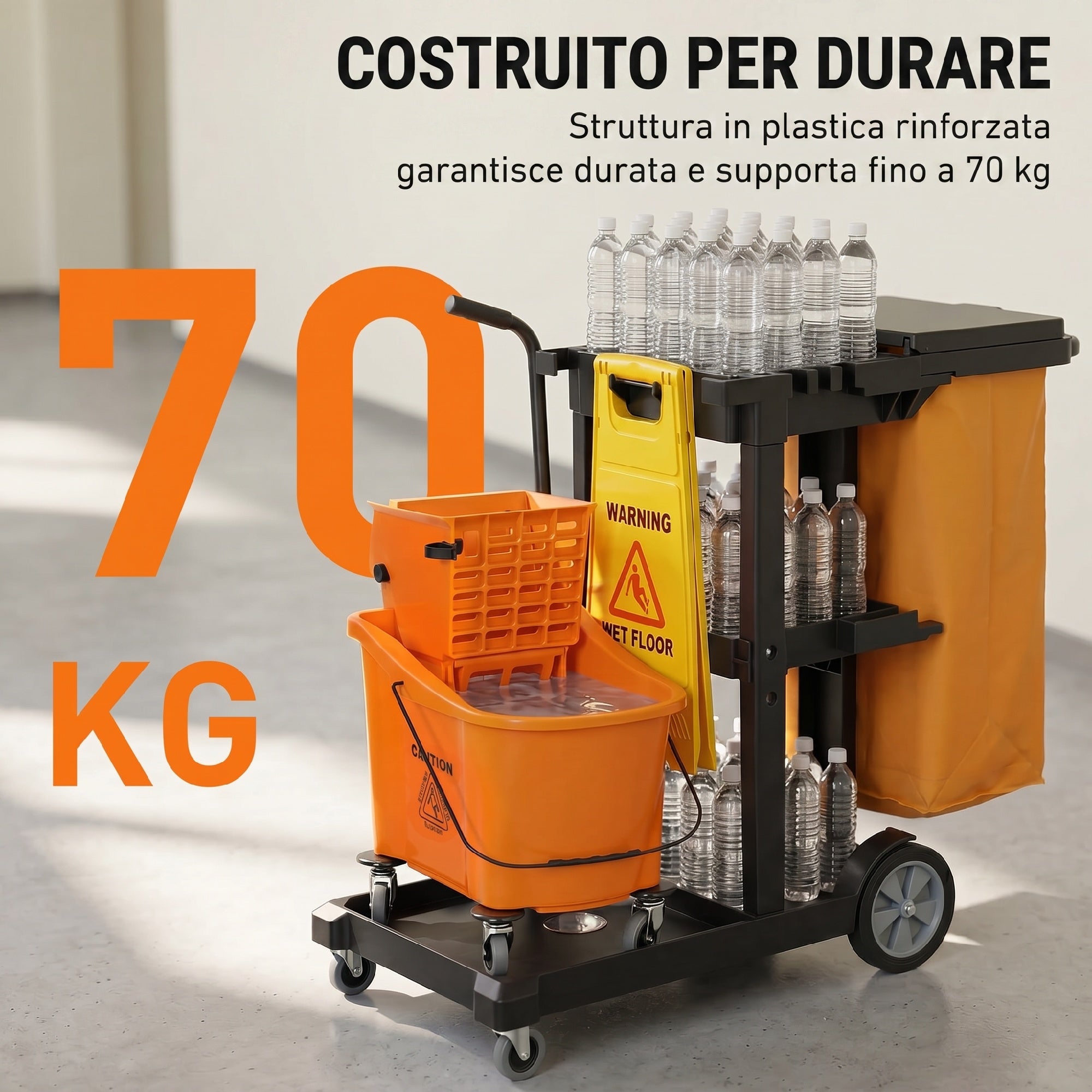 HOMCOM Cleaning Trolley: Wheels, 3 Shelves, 70L Bag, Bucket with Wringer.