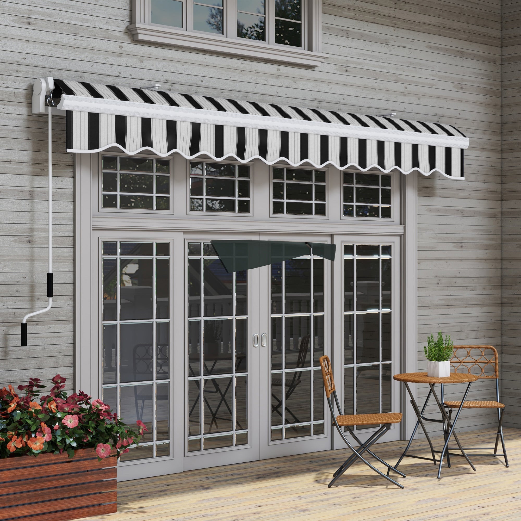 Extendable Outdoor Sun Shade Awning in Aluminum and Polyester with Crank, 395x245 cm, Blue and White